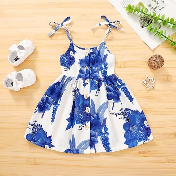 Girls blue and white floral dress with cream buttons and a satin like material. - Picture 6 of 6